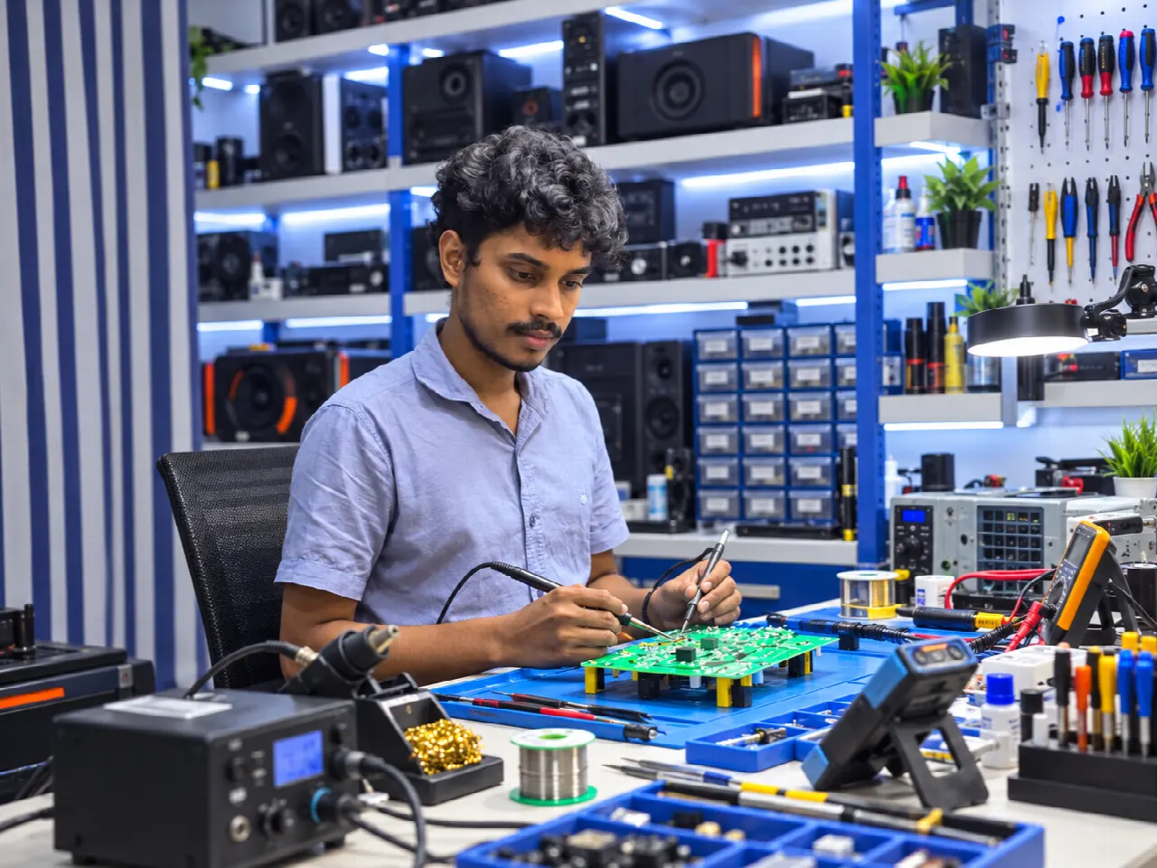 Master electronics technician diagnosing appliances